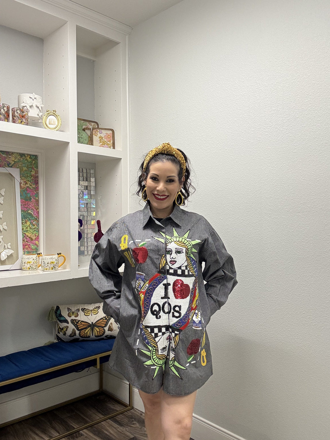 Queen of Sparkles Black Striped NYC Queen Card Logo Button Up Cotton Tunic