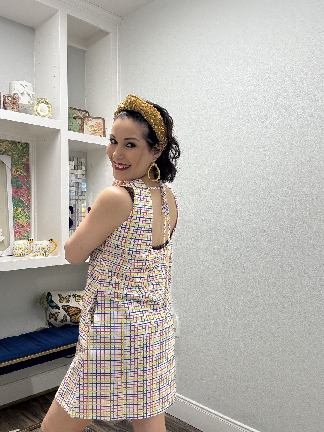 Queen of Sparkles Rainbow Plaid Pot of Gold Cotton Tank Dress