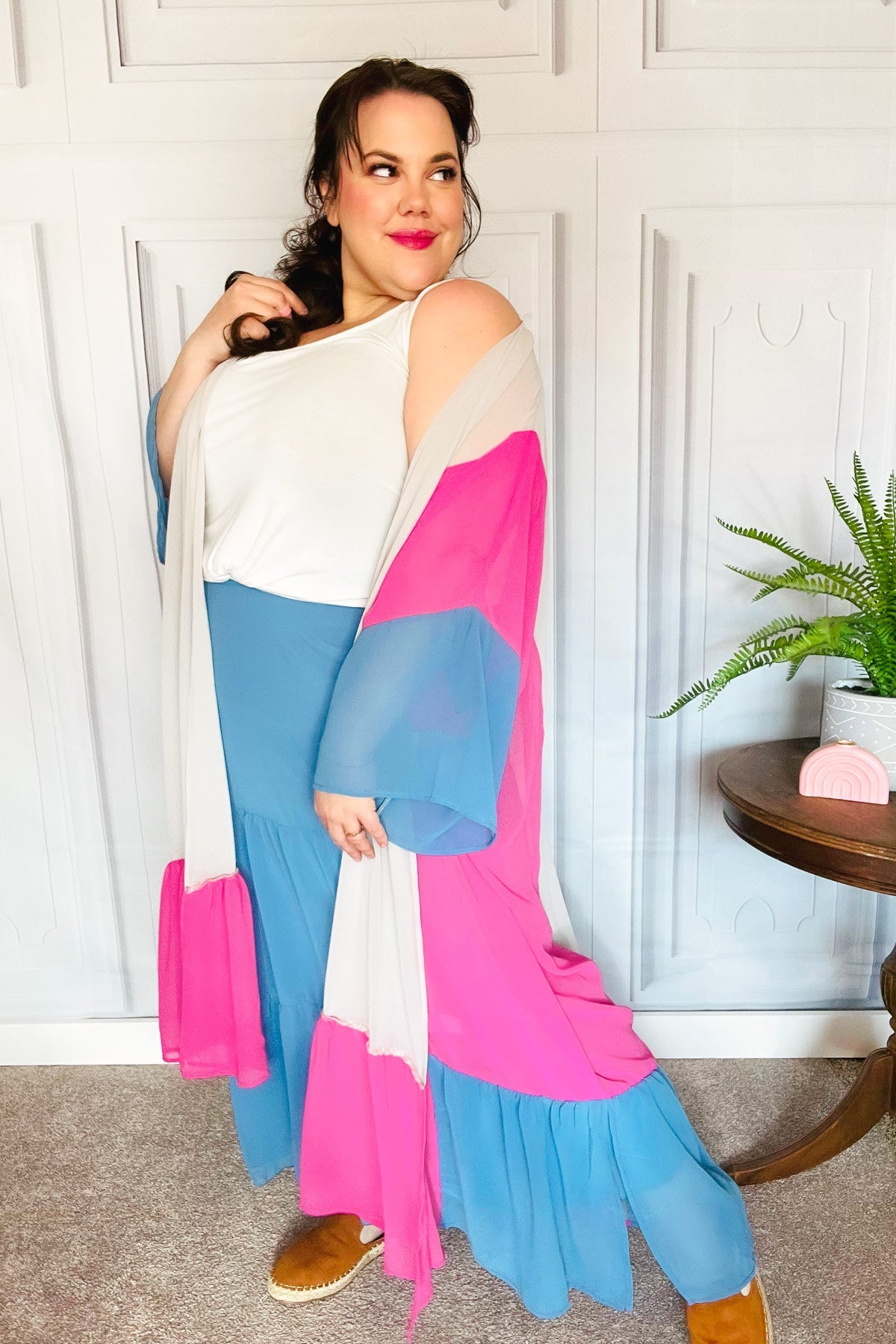 Feel Your Best Taupe & Fuchsia Color Block Ruffle Hem Kimono - Sybaritic Bags & Clothing