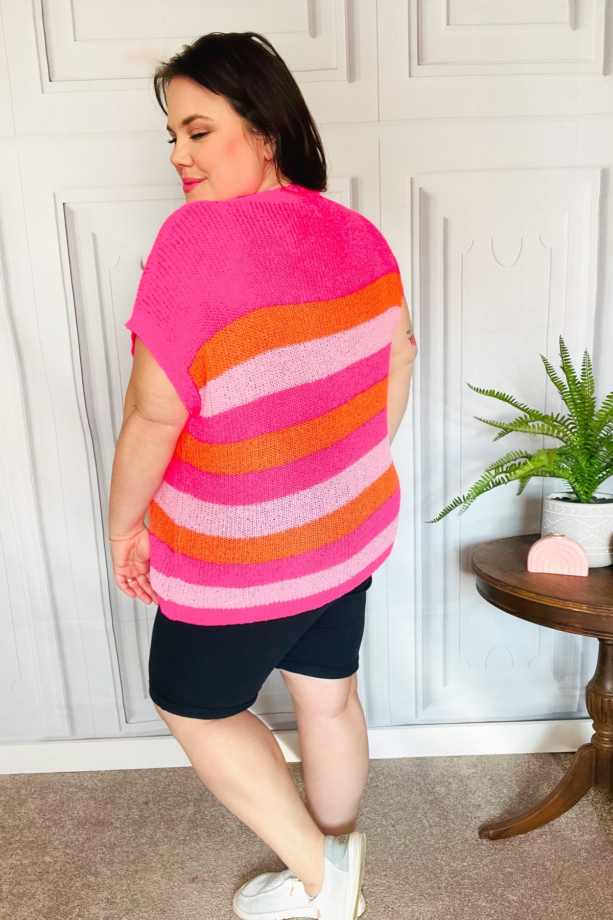 Feeling Bold Fuchsia & Orange Stripe Short Sleeve Dolman Sweater - Sybaritic Bags & Clothing