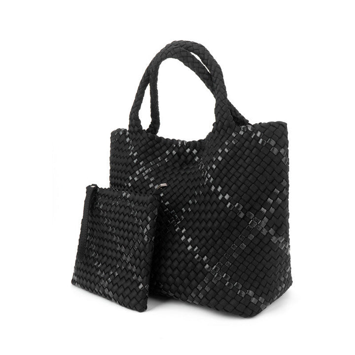 The Charli | Large Woven Neoprene Tote with Wristlet | Onyx with Glittered Stripe