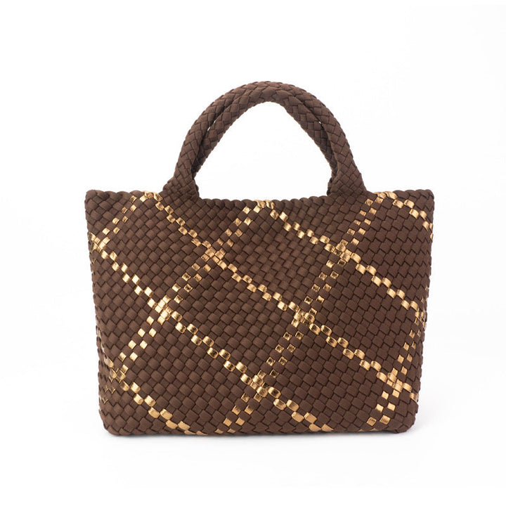 The Charli | Large Woven Neoprene Tote with Wristlet | Cocoa with Gold Stripe