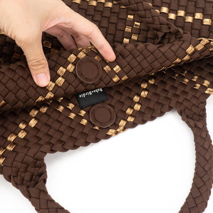 The Charli | Large Woven Neoprene Tote with Wristlet | Cocoa with Gold Stripe
