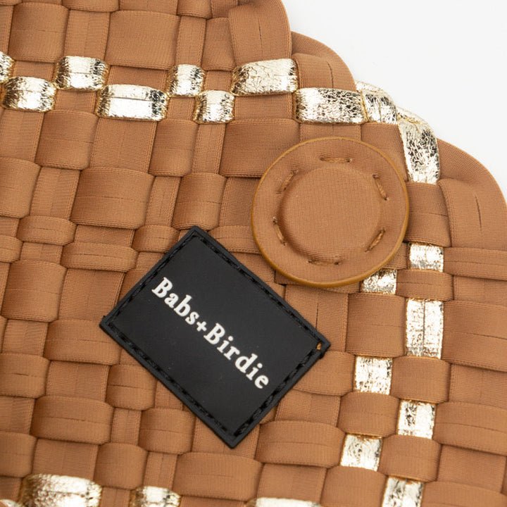 The Charli | Large Woven Neoprene Tote with Wristlet | Almond with Gold Stripe