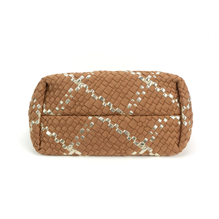 The Charli | Large Woven Neoprene Tote with Wristlet | Almond with Gold Stripe