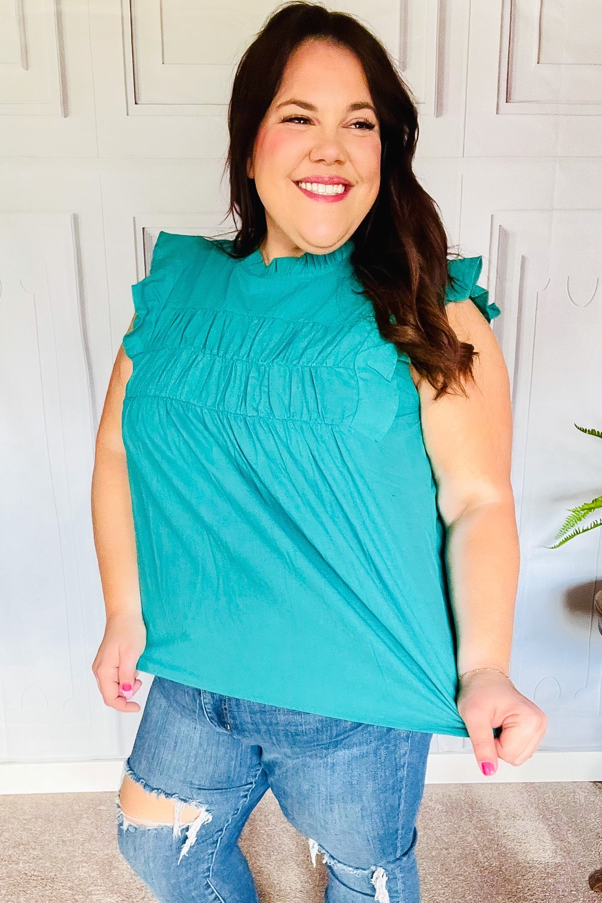 Love Life Cotton Turquoise Frill Mock Neck Flutter Sleeve Top - Sybaritic Bags & Clothing