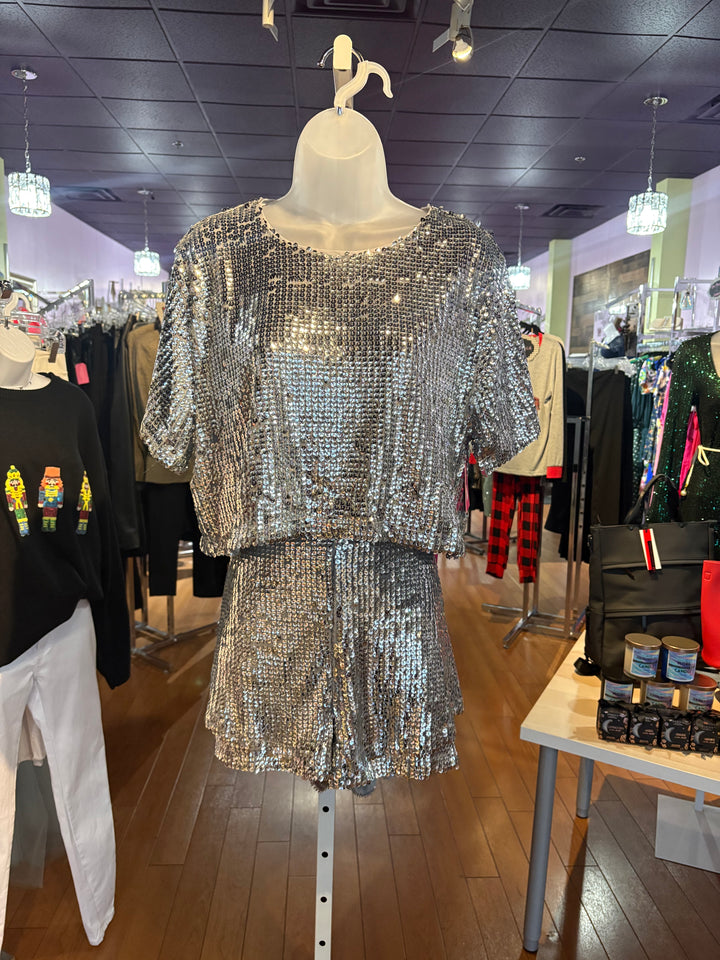 Silver Sequin Top & Shorts Set