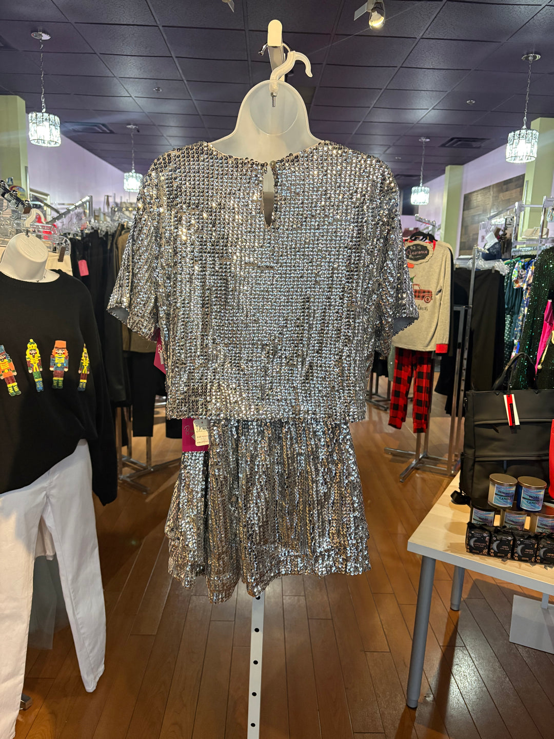 Silver Sequin Top & Shorts Set