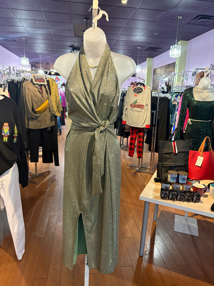 V Neck Green Glitter Dress