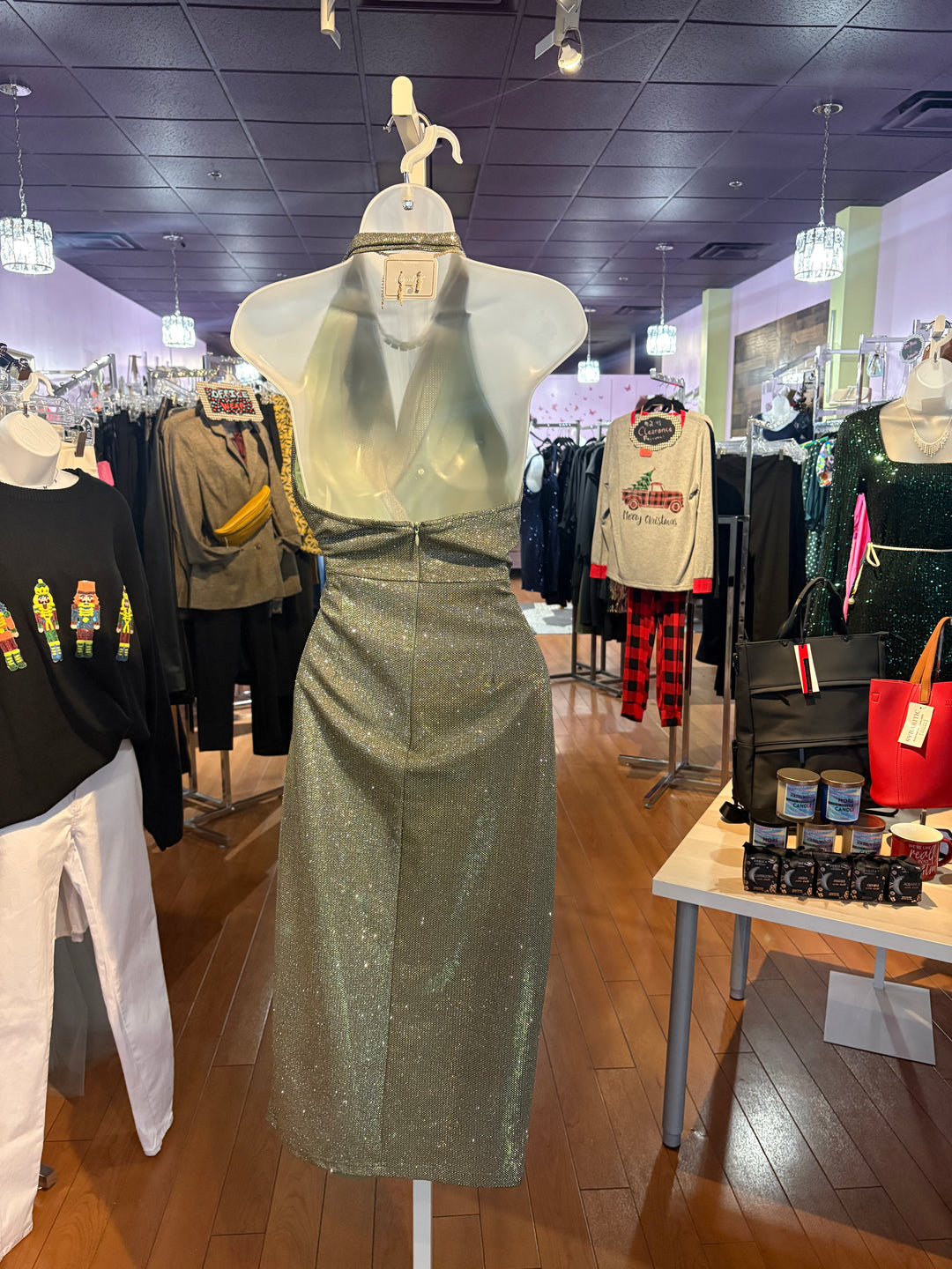 V Neck Green Glitter Dress