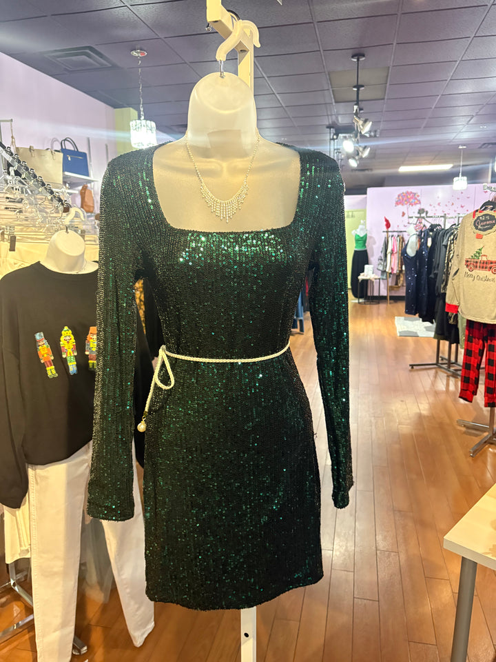 Green Sequin Long Sleeve Dress