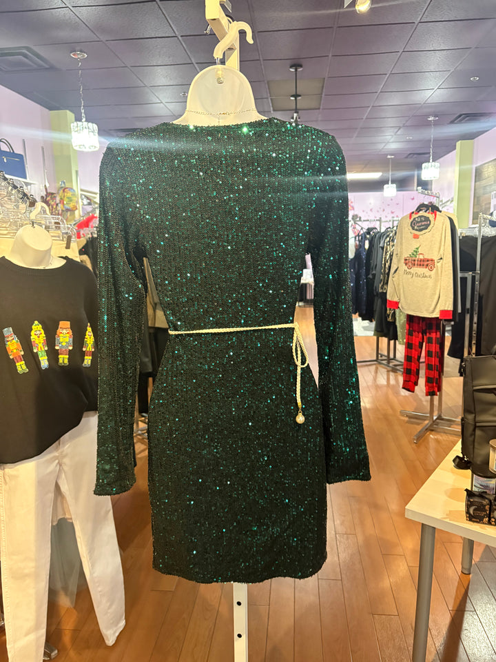 Green Sequin Long Sleeve Dress