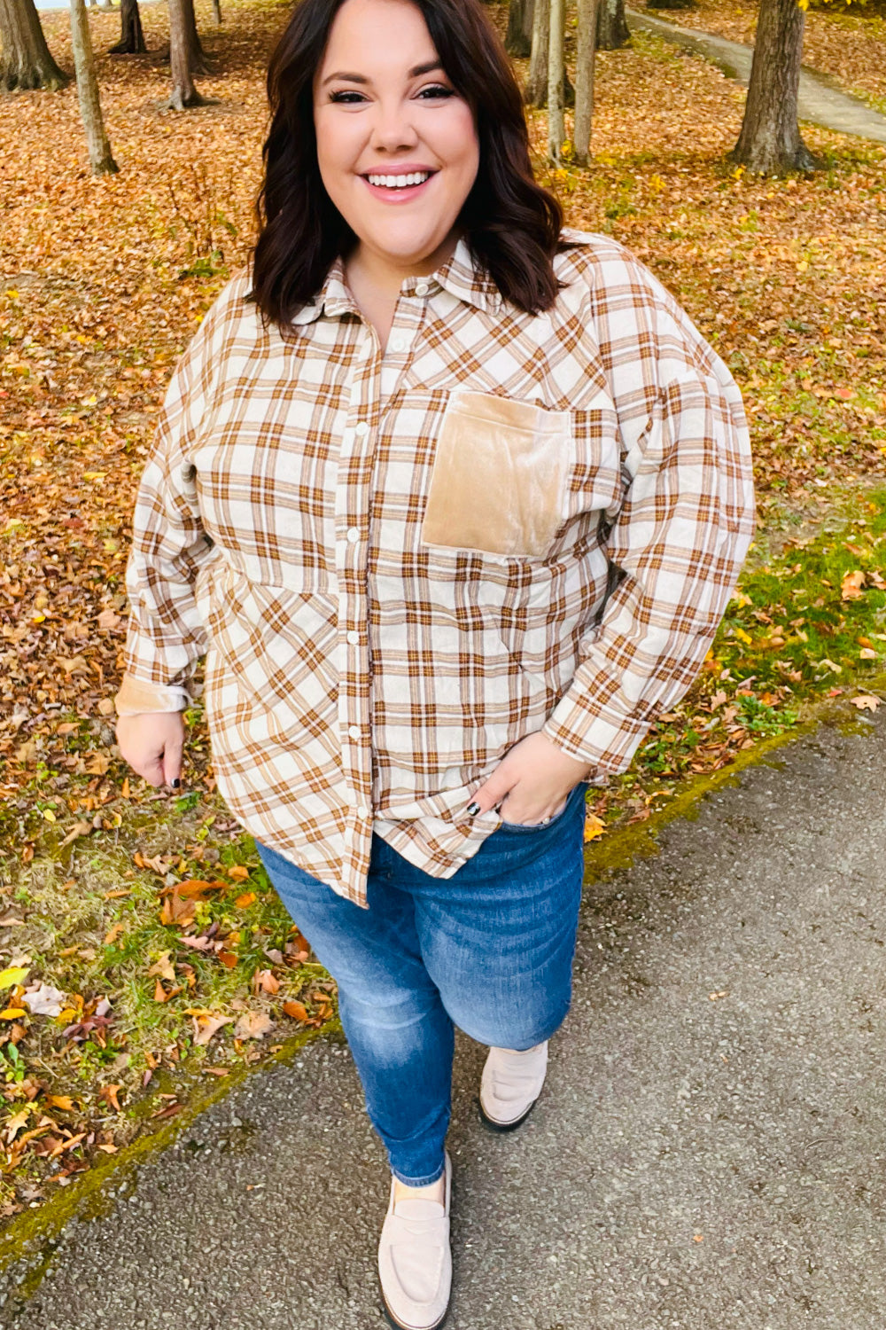Eyes On You Taupe Plaid Velvet Pocket Button Down Top - Sybaritic Bags & Clothing
