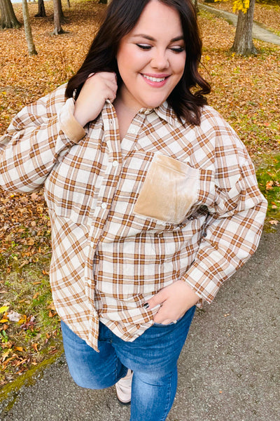 Eyes On You Taupe Plaid Velvet Pocket Button Down Top - Sybaritic Bags & Clothing
