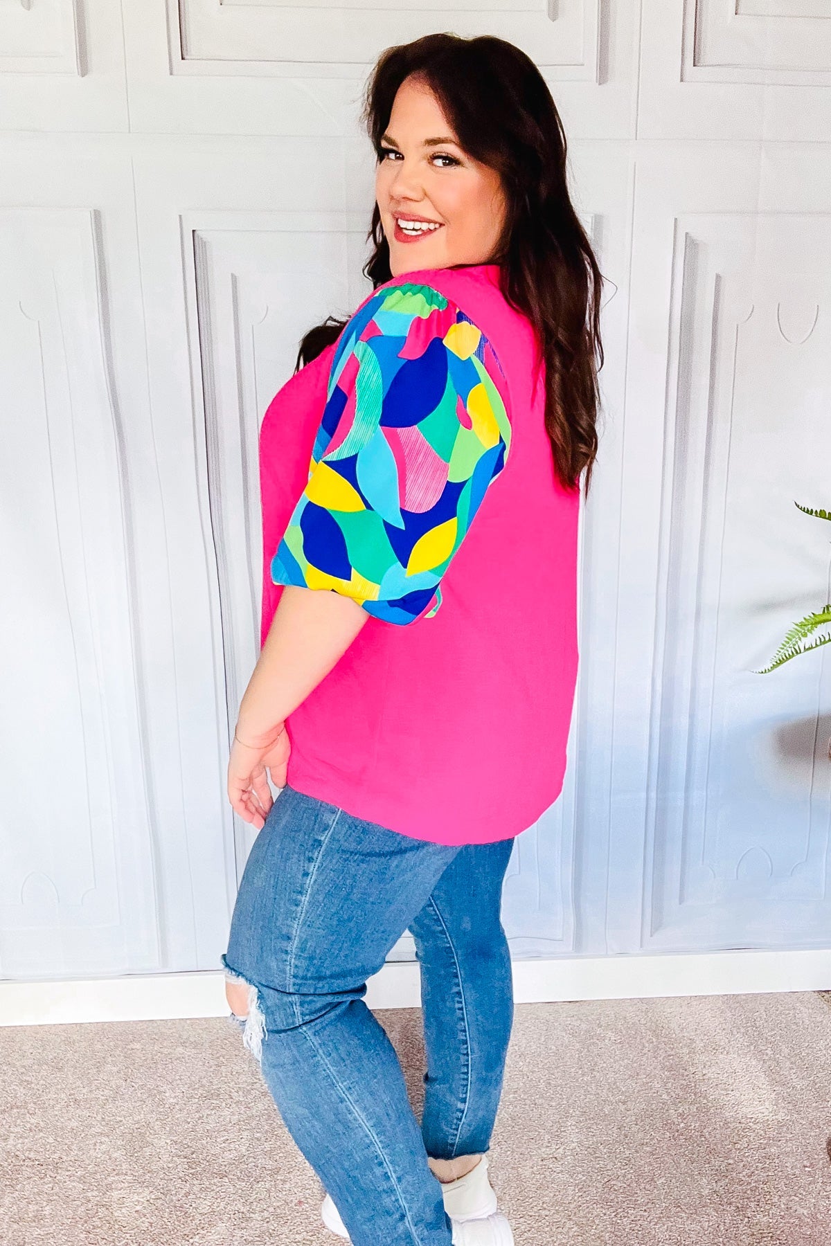 Tell Your Story Fuchsia Geo Print Puff Sleeve V Neck Top - Sybaritic Bags & Clothing