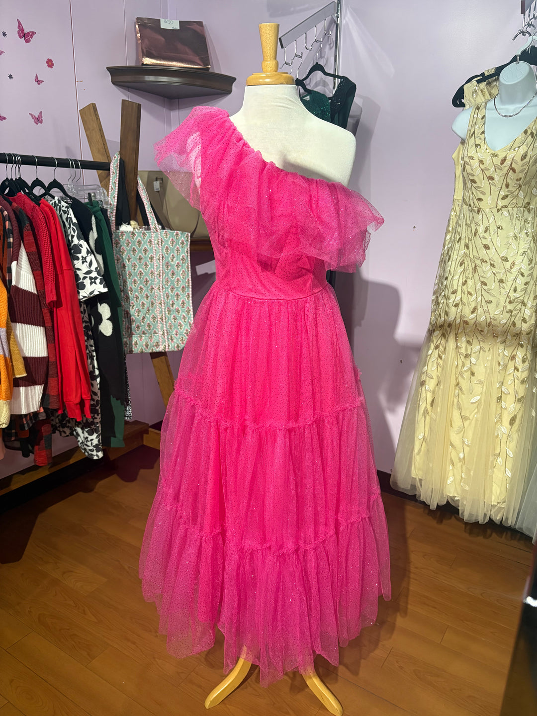One Side Off Shoulder Pink Dress