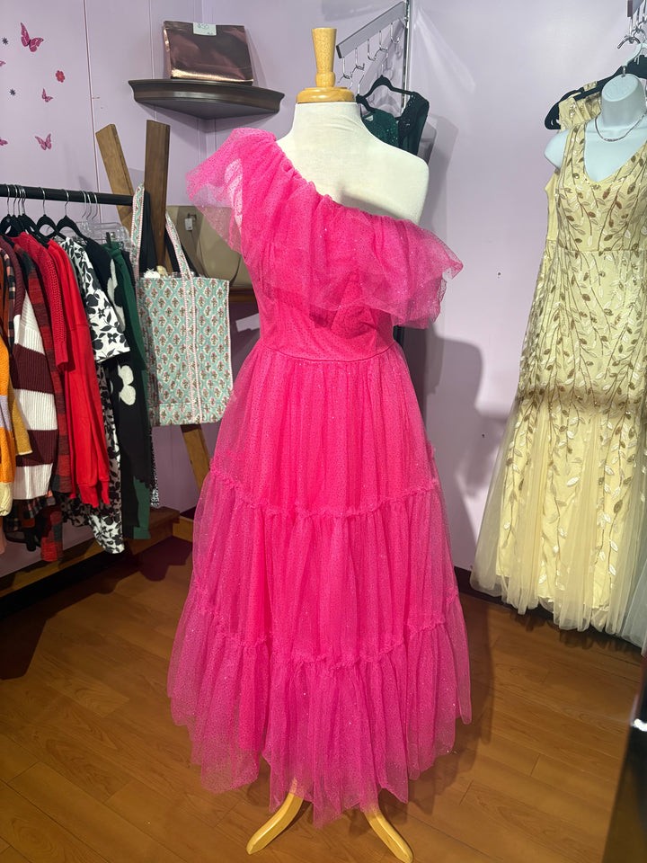 One Side Off Shoulder Pink Dress