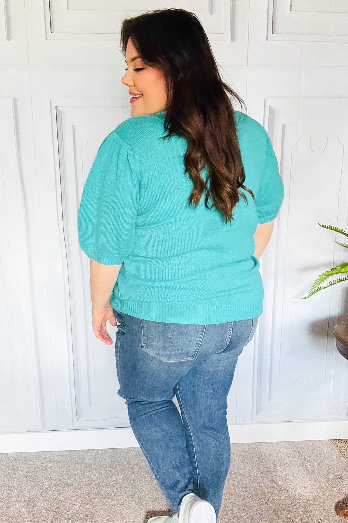 Take A Bow Mint "Mama" Embroidery Pop-Up Puff Sleeve Sweater Top