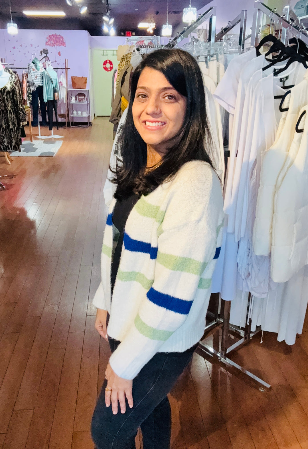 Elegant Striped Open Front Soft Cardigan