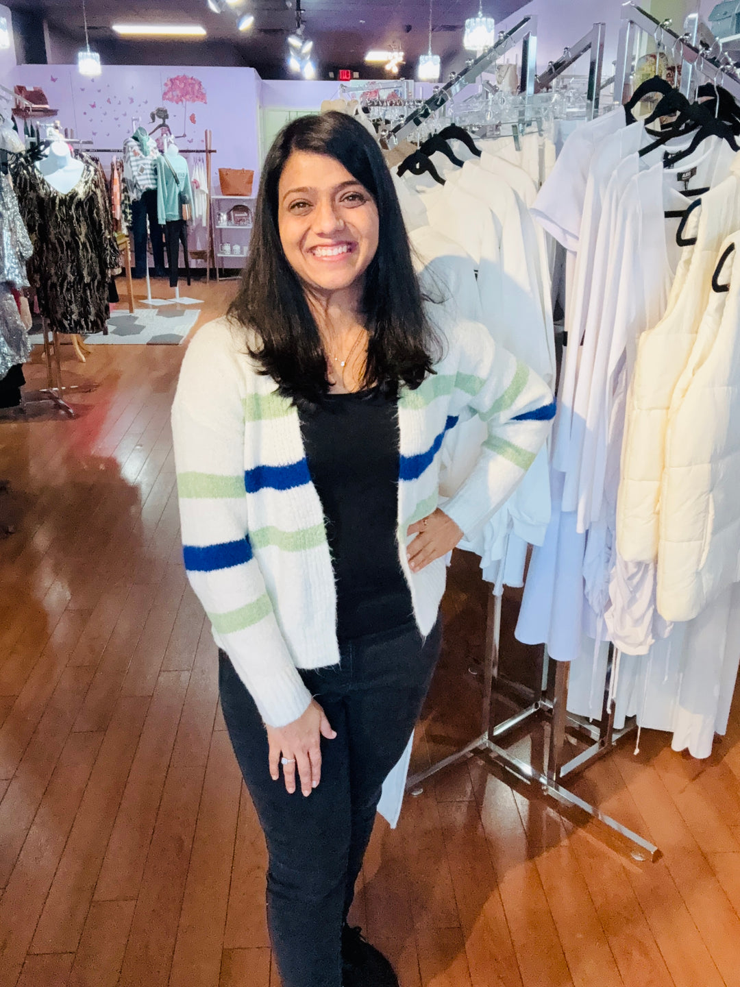 Elegant Striped Open Front Soft Cardigan