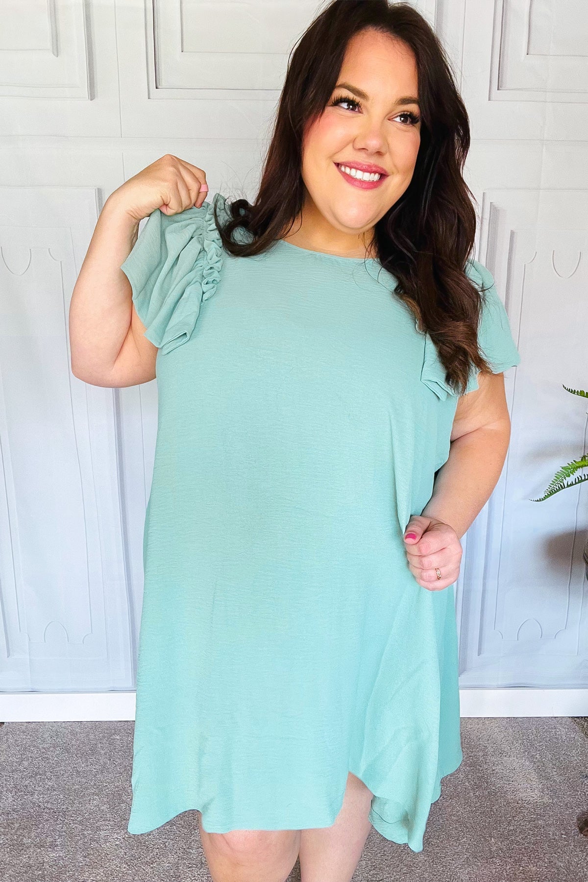 Out For The Day Sage Crinkle Woven Ruffle Sleeve Dress