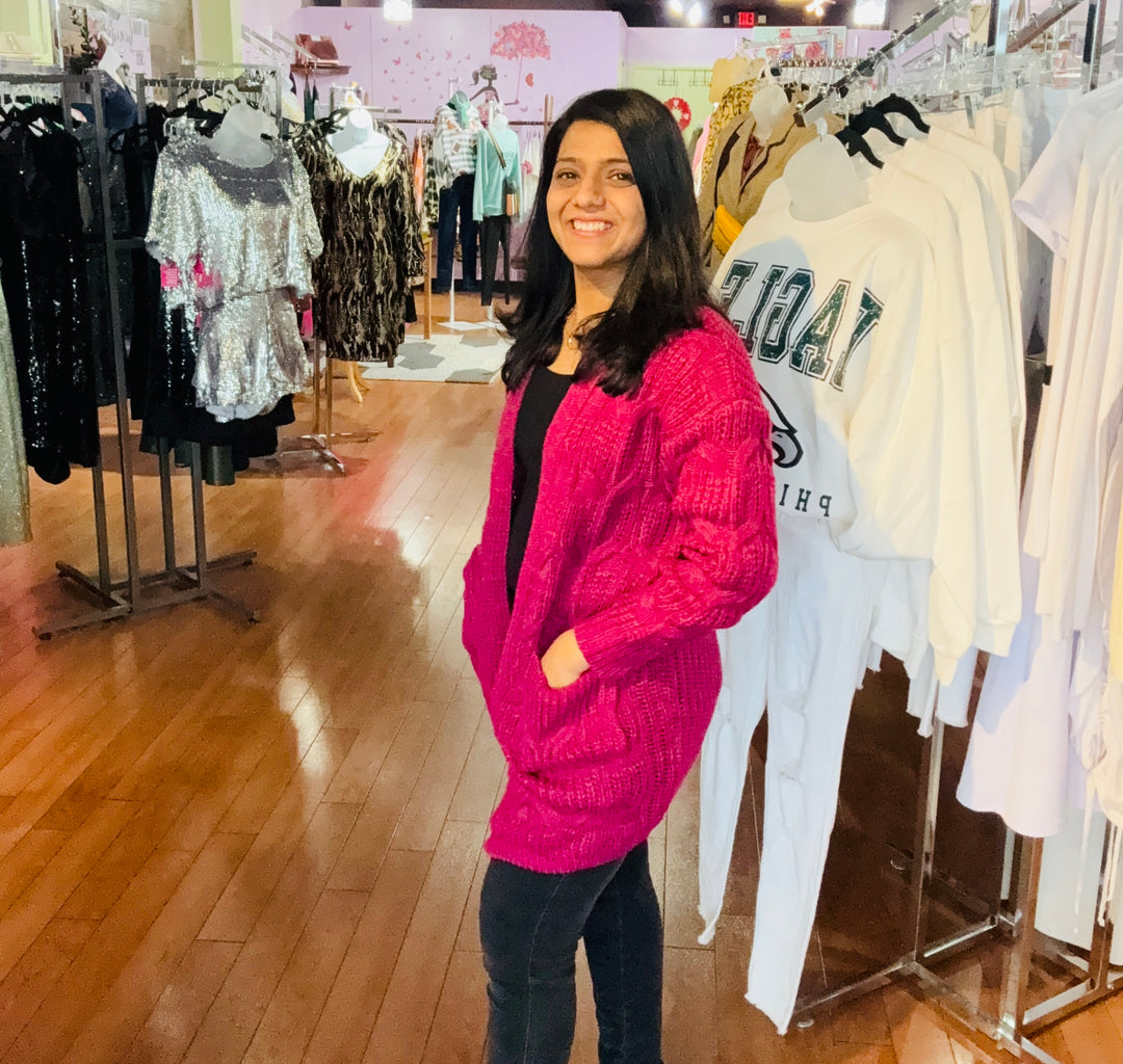 Elegant Plum Open Front Long Cardigan with Pockets