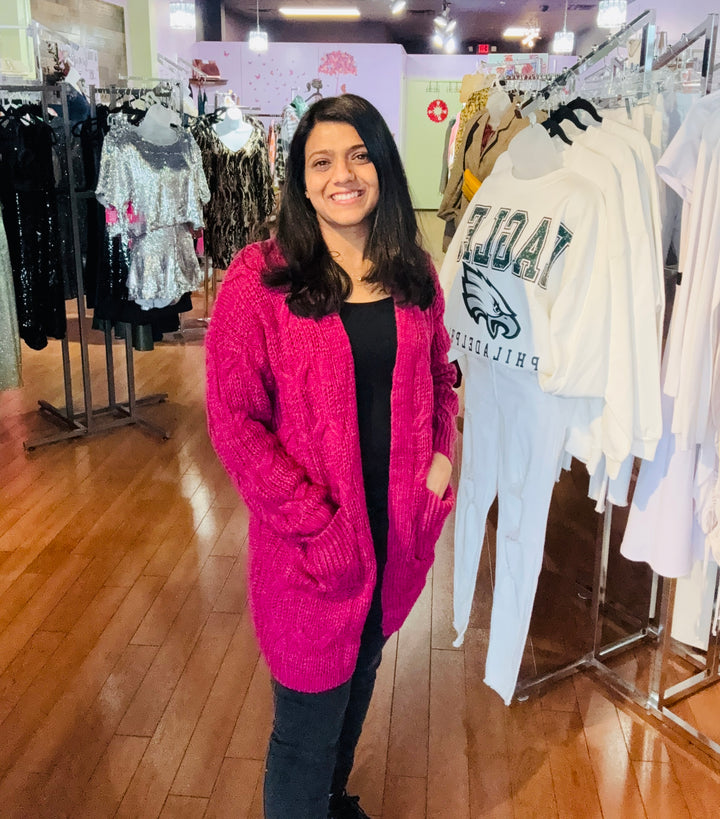 Elegant Plum Open Front Long Cardigan with Pockets