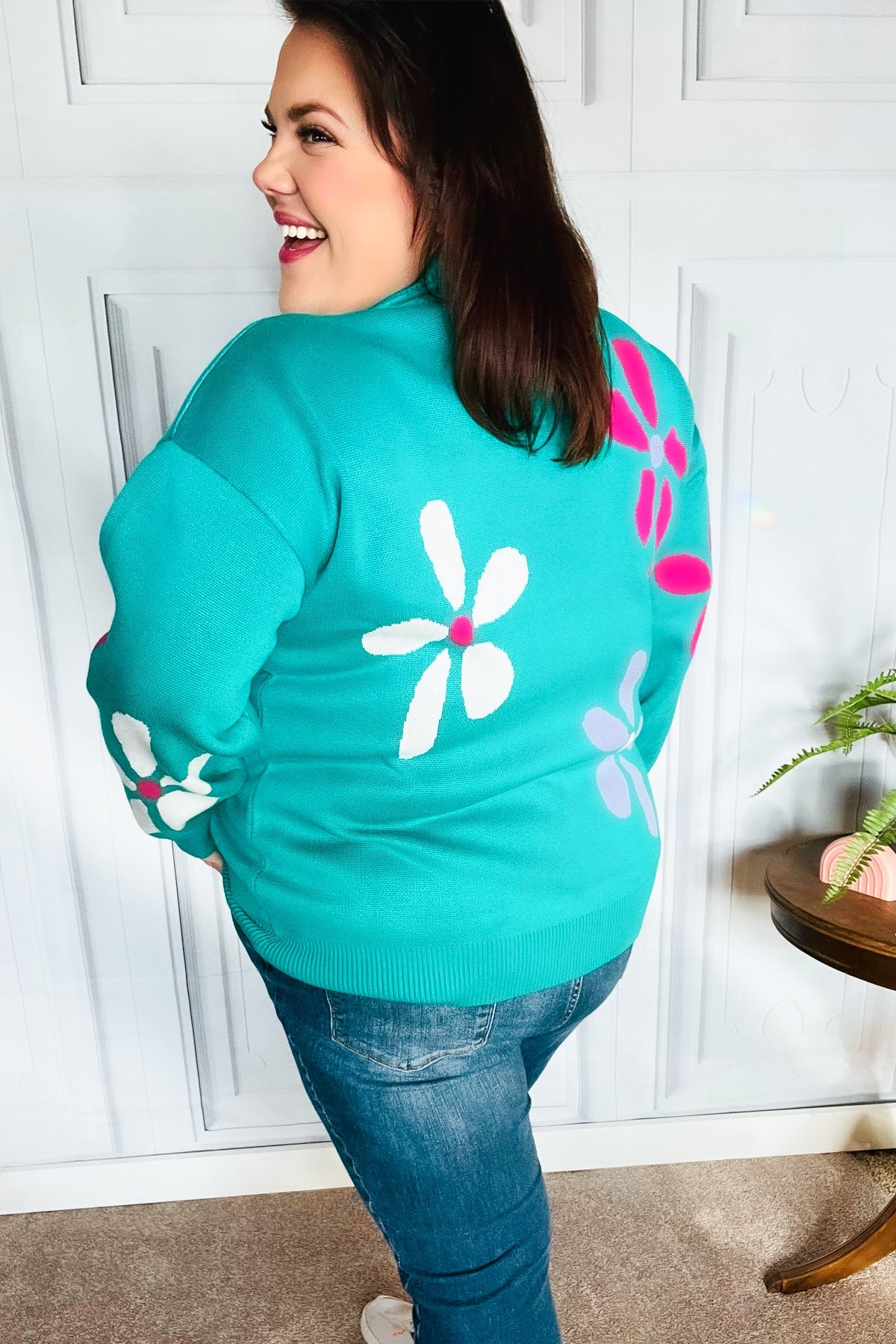 Adorable Turquoise Daisy Flower Jacquard Pullover Sweater - Sybaritic Bags & Clothing