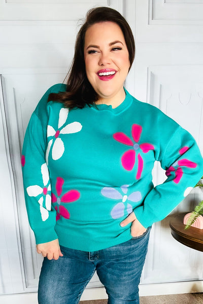 Adorable Turquoise Daisy Flower Jacquard Pullover Sweater - Sybaritic Bags & Clothing