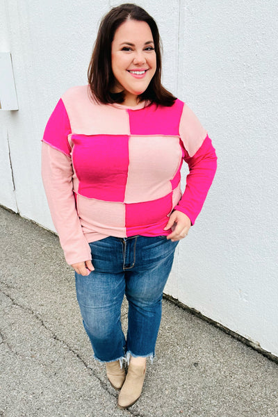Pink/Blush Checkerboard Outseam Colorblock Sweater Top - Sybaritic Bags & Clothing