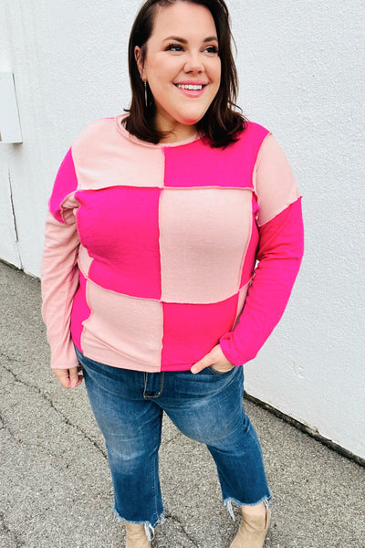 Pink/Blush Checkerboard Outseam Colorblock Sweater Top - Sybaritic Bags & Clothing