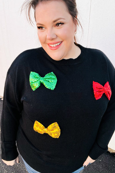 Be Merry Black Multicolor Sequin Bow Knit Sweater - Sybaritic Bags & Clothing