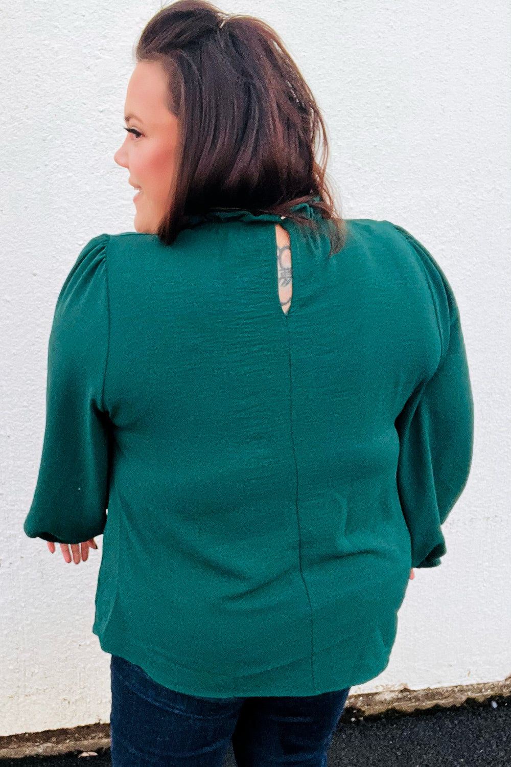 Be Merry Hunter Green Frill Mock Neck Crinkle Top - Sybaritic Bags & Clothing