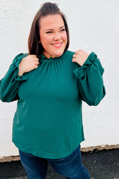 Be Merry Hunter Green Frill Mock Neck Crinkle Top - Sybaritic Bags & Clothing