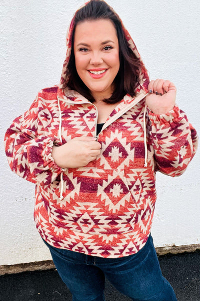 Fall For You Rust & Burgundy Aztec Half Zip High Neck Hoodie - Sybaritic Bags & Clothing