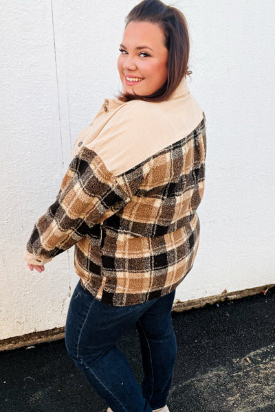 Adorable Taupe Corduroy & Plaid Sherpa Button Jacket - Sybaritic Bags & Clothing