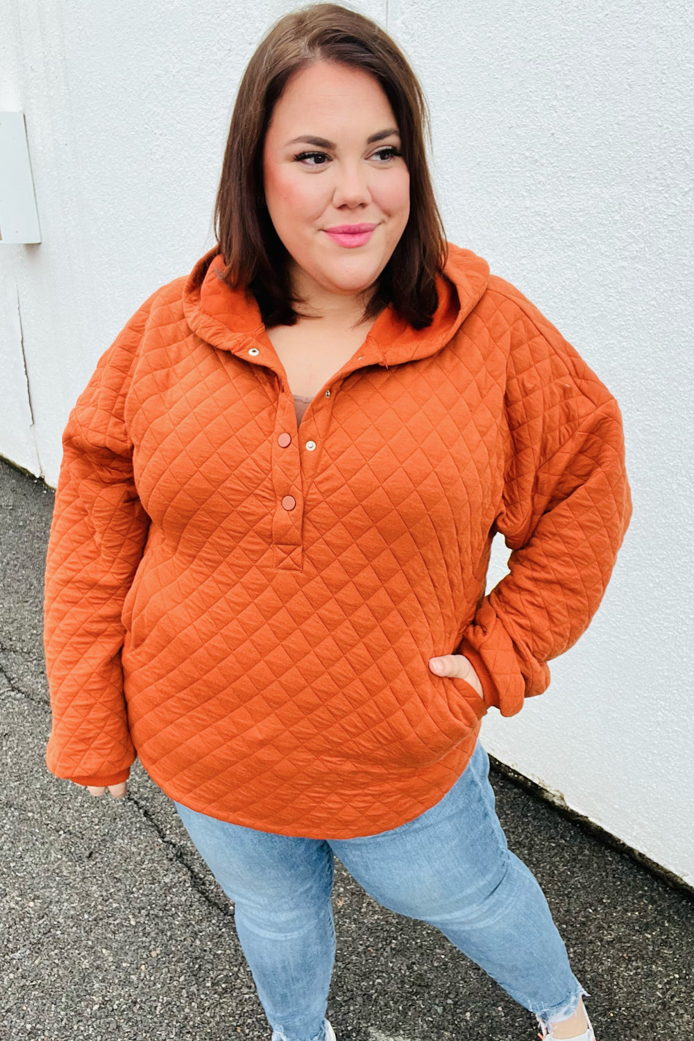 Feeling Bold Burnt Orange Quilted Quarter Snap Hoodie - Sybaritic Bags & Clothing