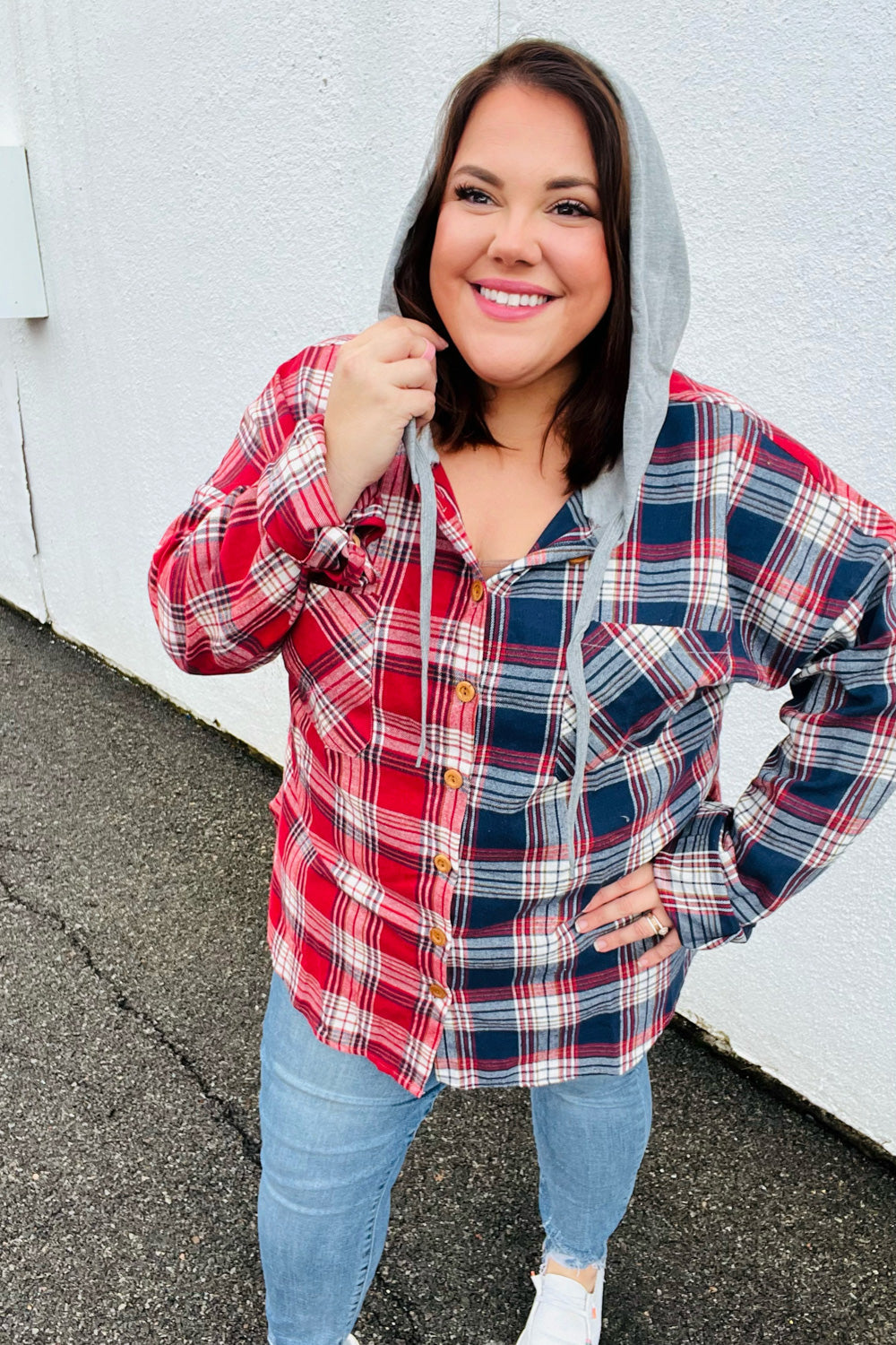 Face the Day Red/Navy Plaid Color Block Hoodie Shacket - Sybaritic Bags & Clothing