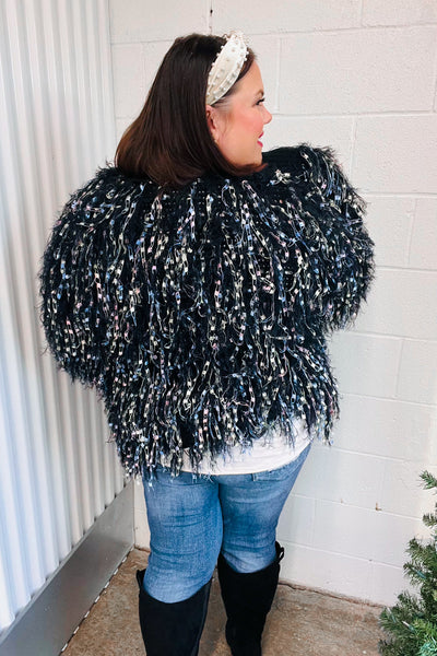 Dazzling Black & Multicolor Fuzzy Fringe Knit Cardigan - Sybaritic Bags & Clothing