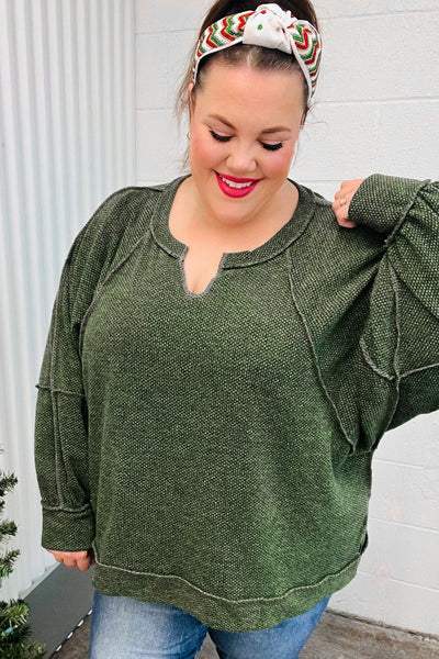 The Slouchy Olive Two Tone Knit Notched Raglan Top - Sybaritic Bags & Clothing