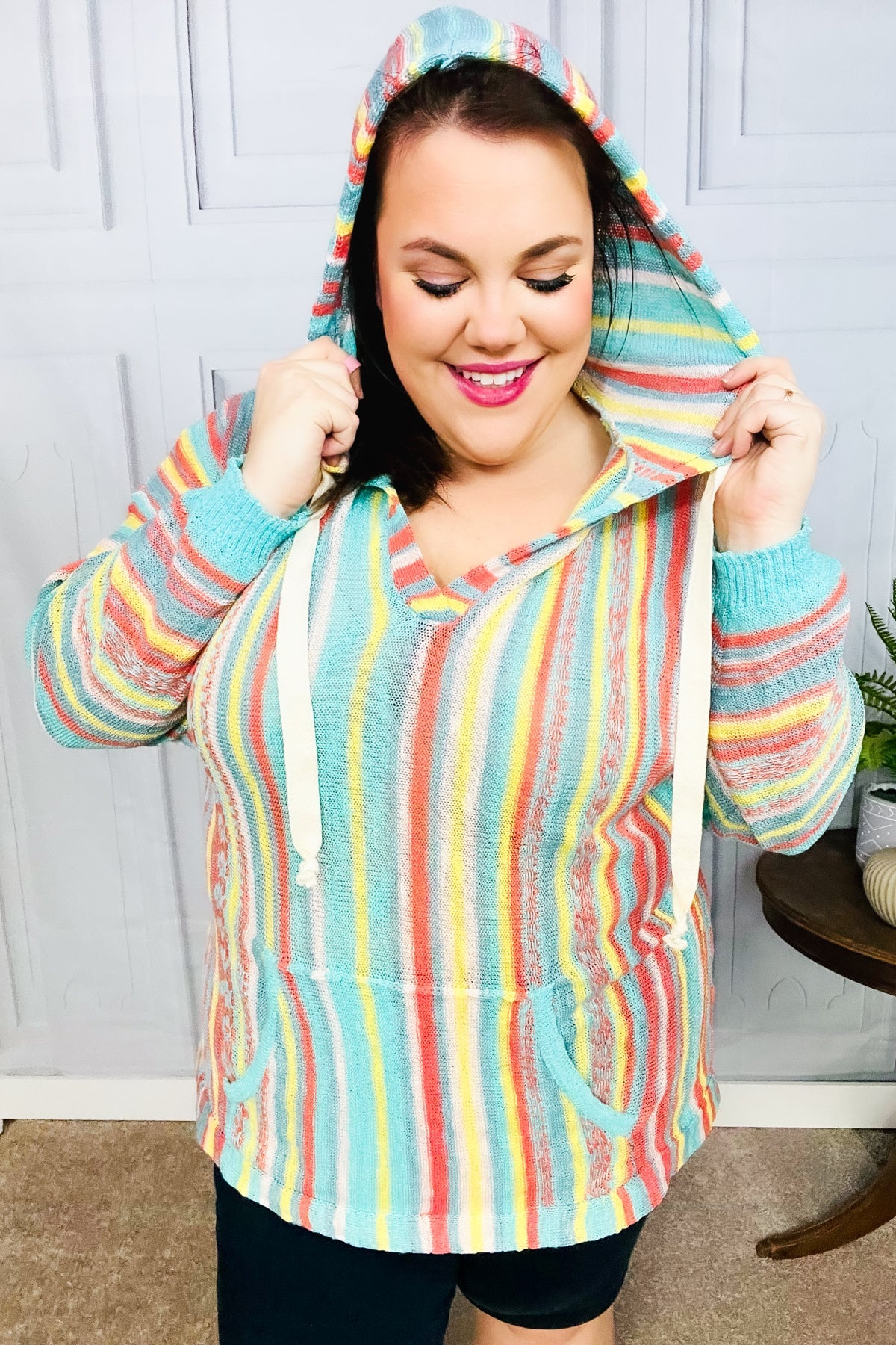Be Bold Mint Multicolor Stripe Pullover Notched Hoodie - Sybaritic Bags & Clothing