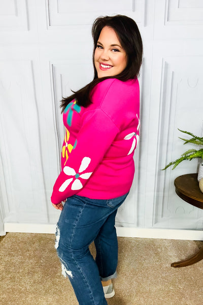 Flower Power Hot Pink Daisy Jacquard Pullover Sweater - Sybaritic Bags & Clothing