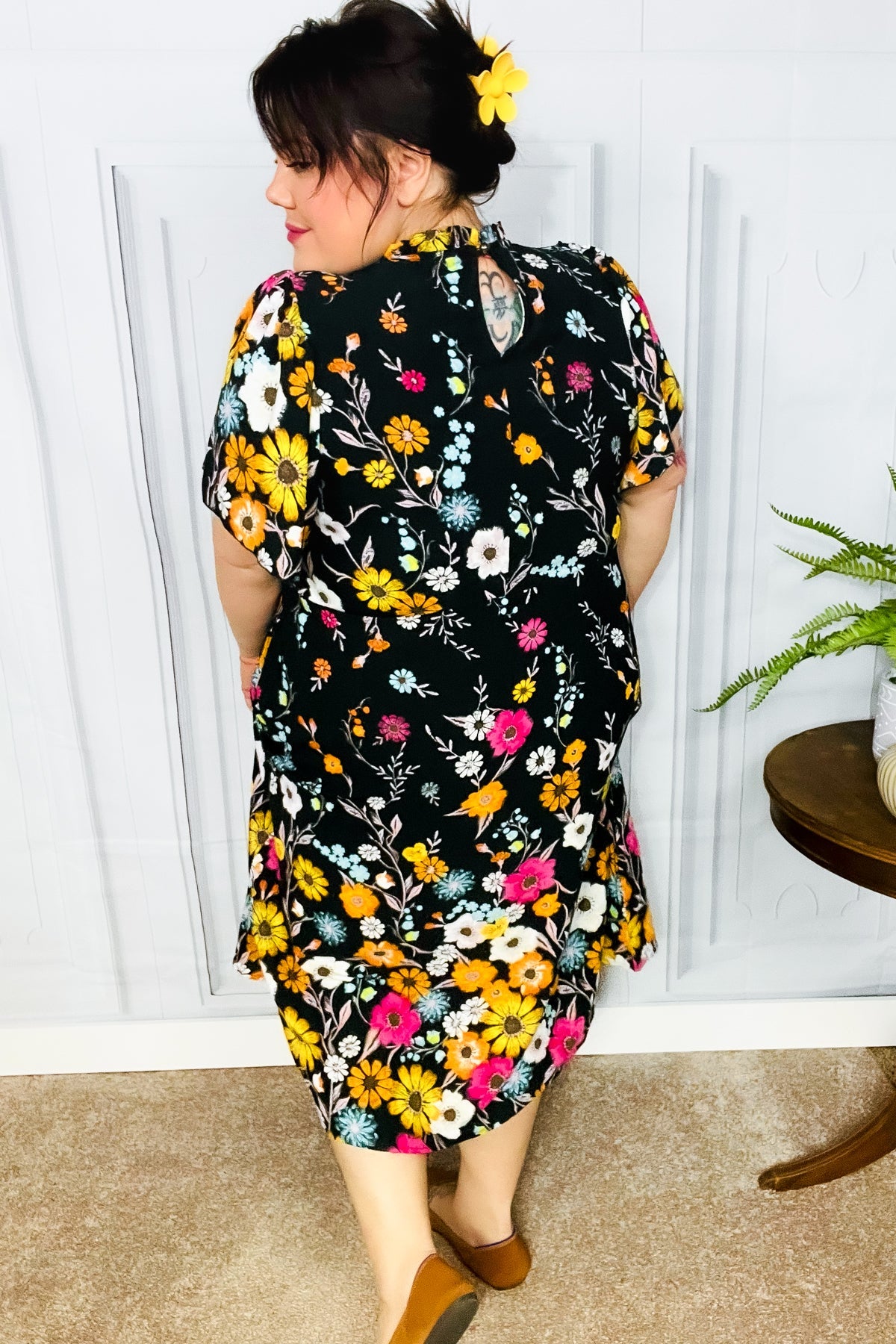 Beautifully You Black Floral Frill Mock Neck Flutter Sleeve Midi Dress - Sybaritic Bags & Clothing