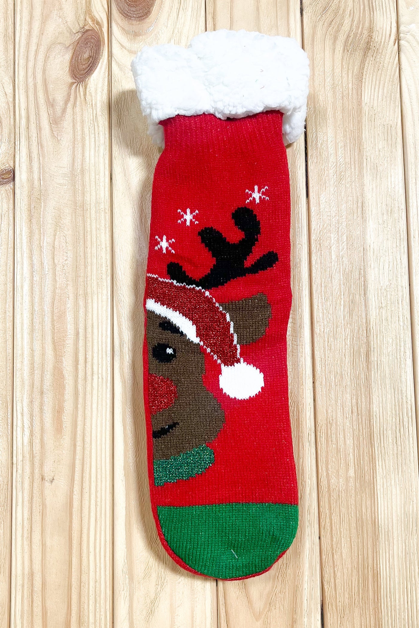Red Reindeer Sherpa Traction Bottom Slipper Socks - Sybaritic Bags & Clothing