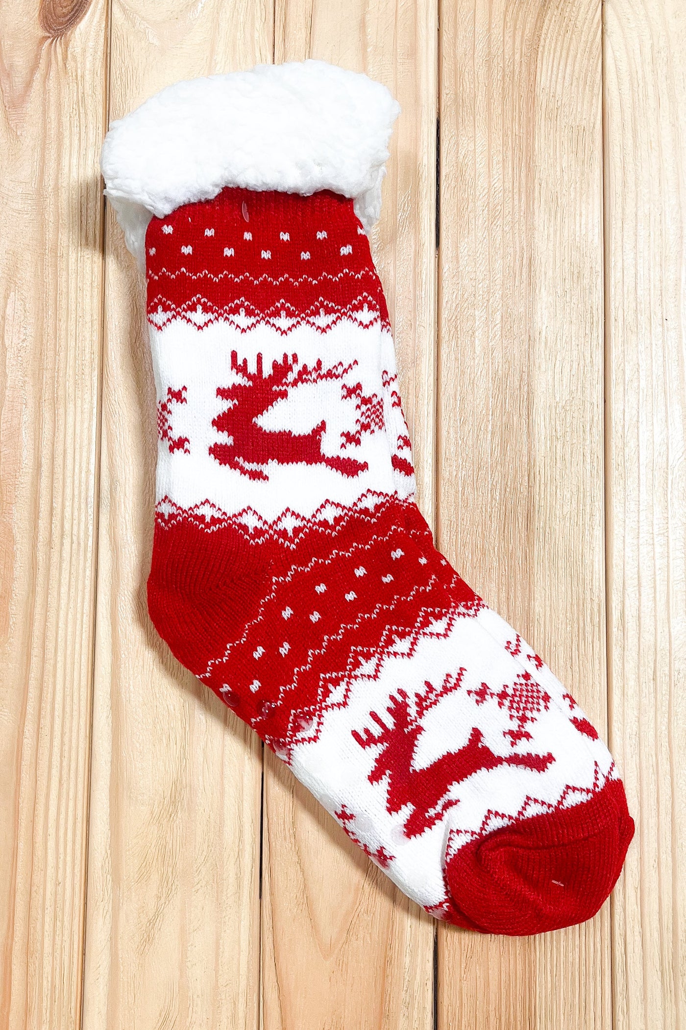 Red Holiday Reindeer Sherpa Traction Bottom Slipper Socks - Sybaritic Bags & Clothing