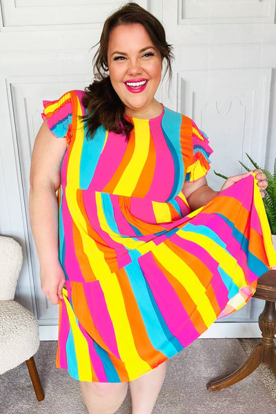 Eyes On You Multicolor Abstract Print Smocked Ruffle Sleeve Dress