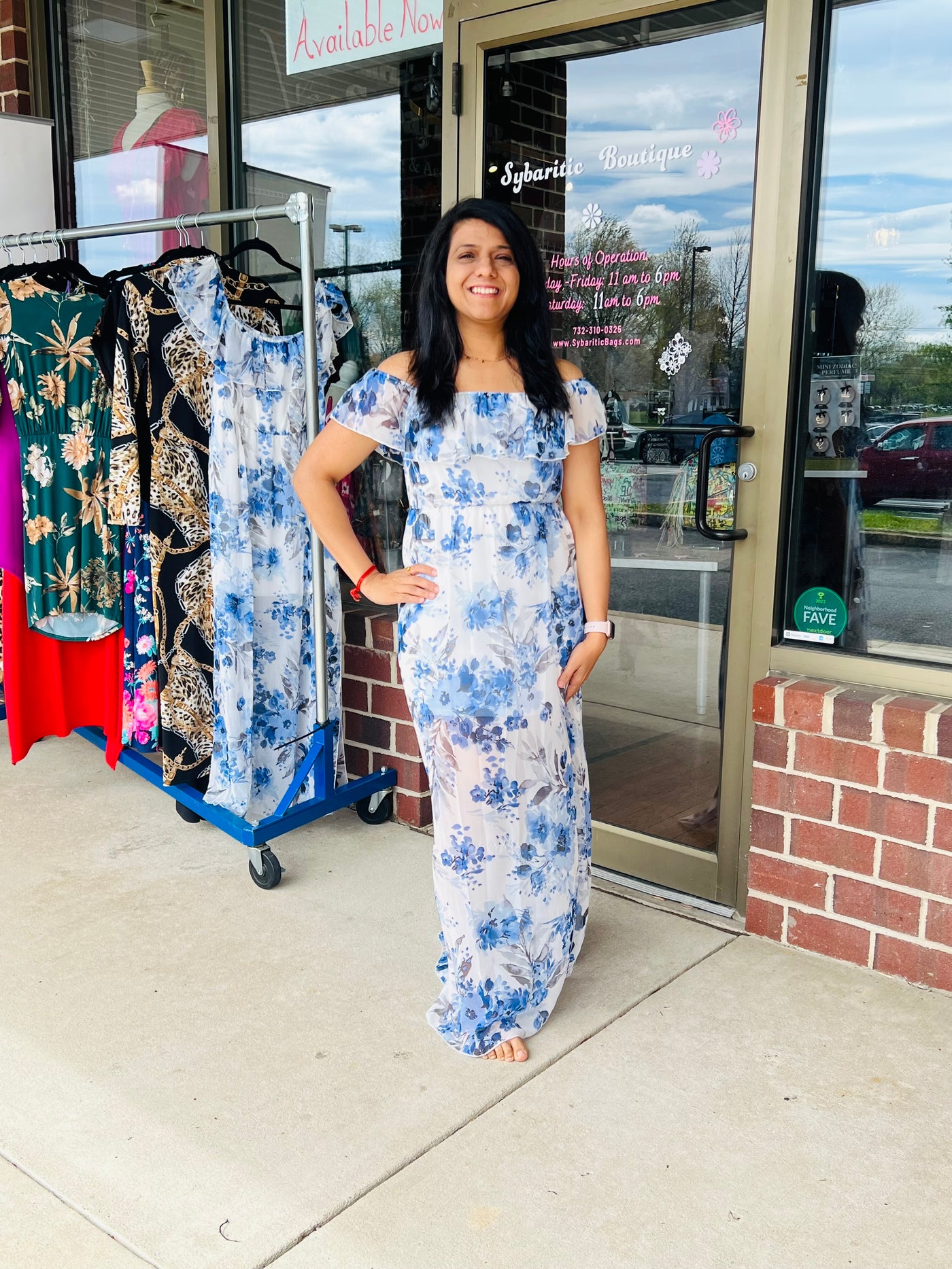 Women's Off Shoulder Blue White Floral Maxi Dress - Sybaritic Bags & Clothing