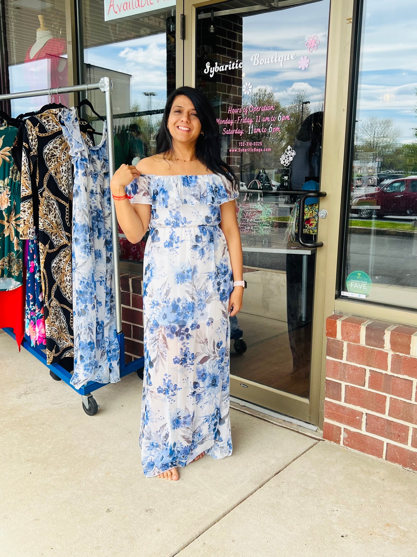 Women's Off Shoulder Blue White Floral Maxi Dress - Sybaritic Bags & Clothing
