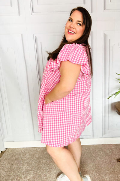 A True Beauty Pink Gingham Check Ruffle Sleeve Dress - Sybaritic Bags & Clothing
