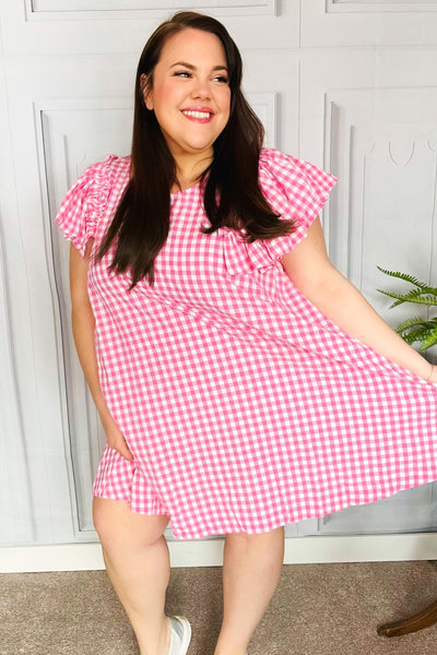 A True Beauty Pink Gingham Check Ruffle Sleeve Dress - Sybaritic Bags & Clothing